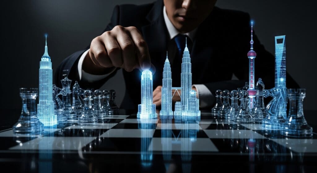Man in suit moves glass skyscraper piece on chessboard representing business strategy and planning