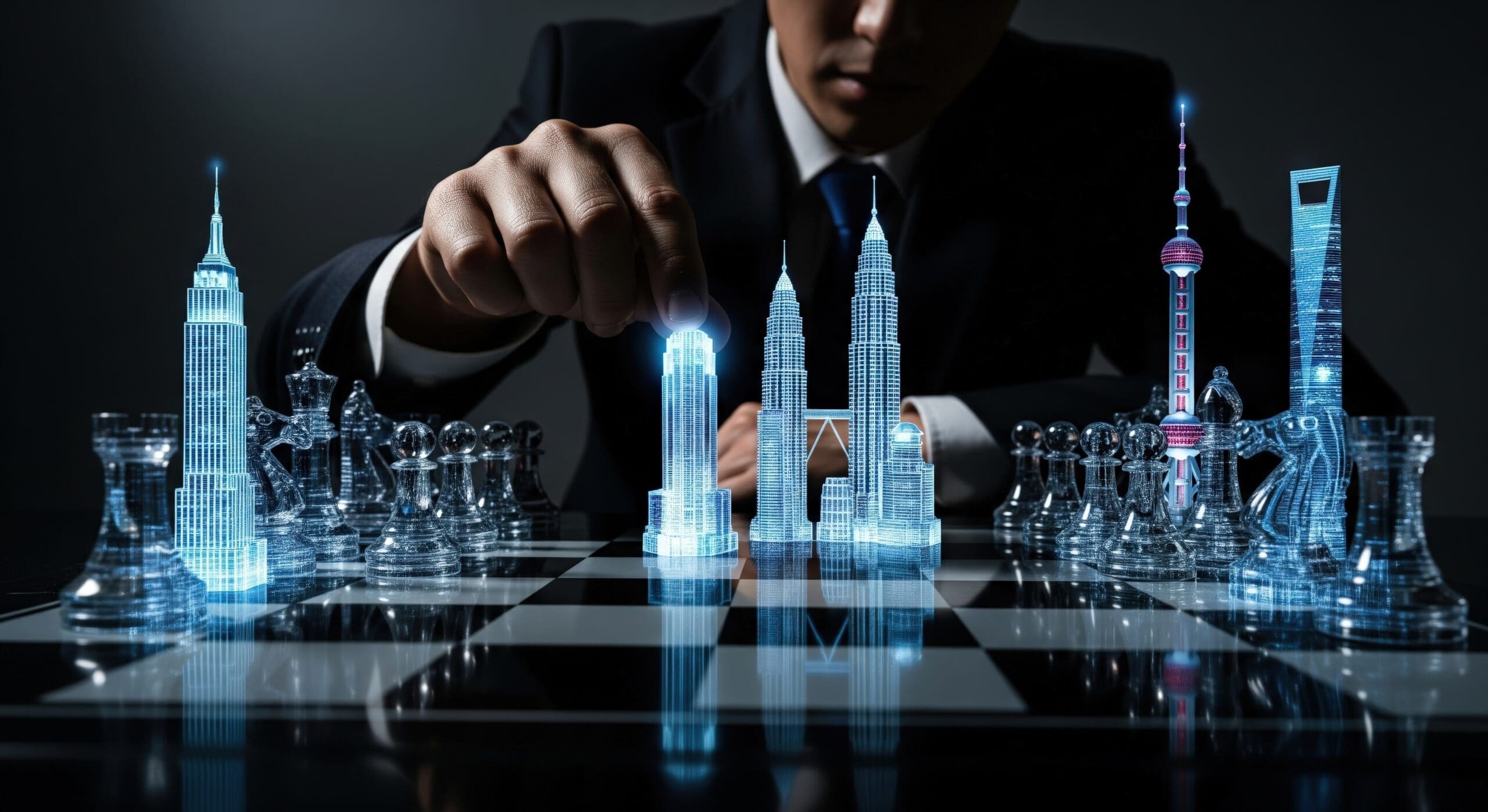Man in suit moves glass skyscraper piece on chessboard representing business strategy and planning